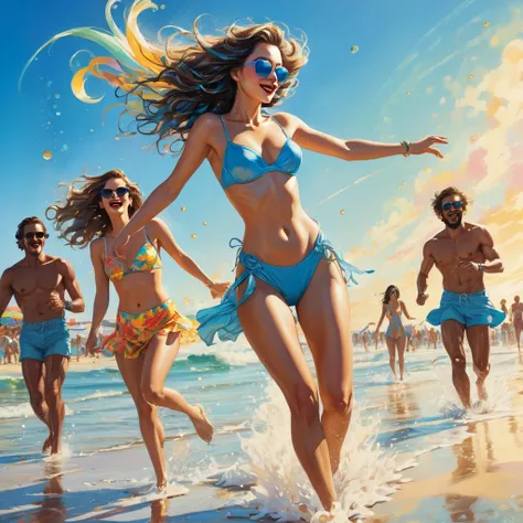 beach parties, aesthetic, extremely detailed, Exquisite, lively, Illustration, mid shot, Beach , joyful, dancing, sandy beach, clear blue sky, sparkling ocean, warm sunlight, dynamic lighting, bright colors, oil painting, watercolors, ink, vivid, contrast,...