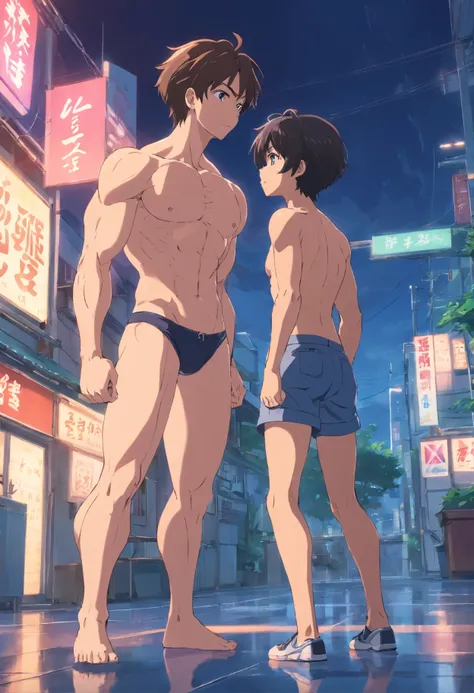 (a muscular boy showing his giant penis to another boy),anime,erotic(0.9),provocative(0.9),NSFW,adult content,strong nudity,explicit,sketchy art style,vivid colors,detailed physique,expressive faces,humorous,shock factor,embarassment,funny reaction,unexpec...