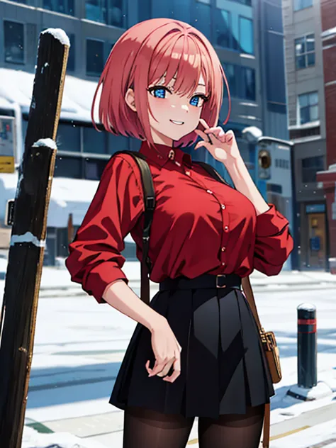 masterpiece, best quality, highres, 1girl, short red hair, black jacket, pink shirt, the background it's a city with snow,, blac...