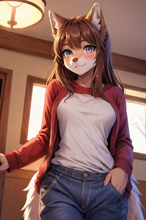 ultra-detailed, 8k, furry, cute furry, furry girl, tall, cute face, looking at you with a blushed expression, with her hand in h...