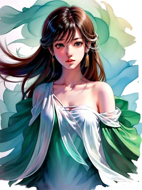 ANIME,WATERCOLOR,CHINESE,PAINTINGS,ARTSTYLE,(white background:1.4), original,(illustration:1.1),(best quality),(masterpiece:1.1), (colorful:0.9),(medium shot:1.4),upper body, clear sharp focus,indoors, looking at viewer,((beautiful)), pretty face,brown hai...