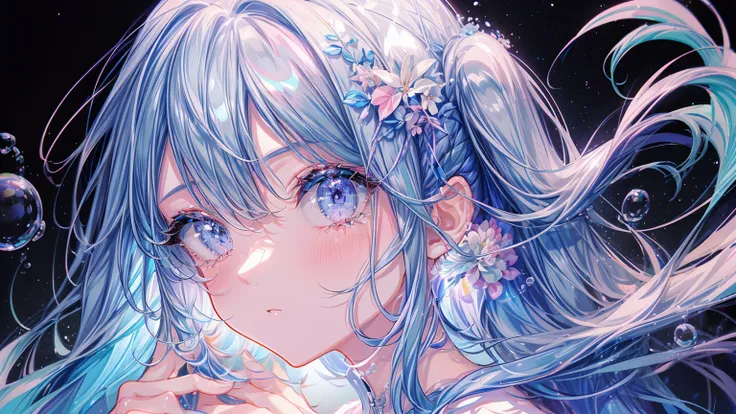 masterpiece, best quality, extremely detailed, (illustration, official art:1.1), 1 girl ,(((( light blue long hair)))), light blue hair, ,10 years old, long hair ((blush)) , small breasts,cute face, big eyes, wide eyr,masterpiece, best quality,(((((a very ...