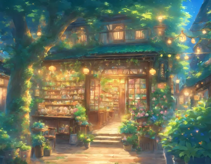 The image depicts a fantasy shop surrounded by a beautiful garden. The shop is situated in a corner house with a big tree in front. The house has two doors, one on the right side and another on the left side. The right door is yellow and has a lot of decor...