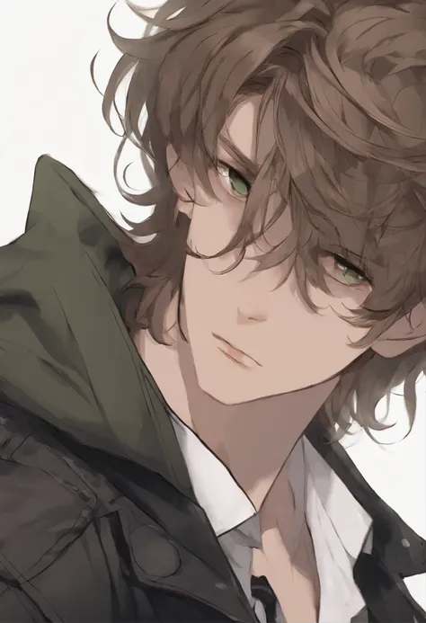 In an anime style: an attractive, bored looking man. Young adult. He has brown, short, messy wavy hair with an undercut. His eyes are a dusty green. He has an alternative style, wearing dark clothes and a dark black leather jacket. He looks tired. He is cl...