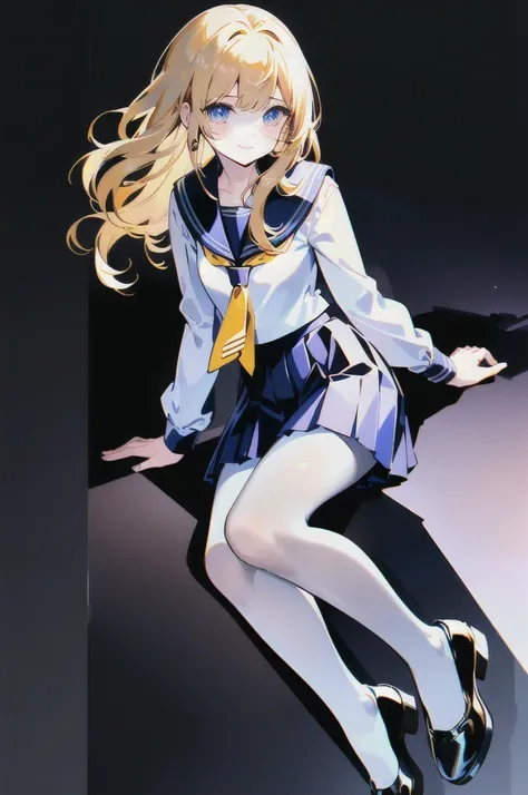 (best quality, masterpiece:1.1),   upper body,     (1female), happy face, golden hair, medium hair, curly hair, dreadlocks,      (serafuku, sailor collar, necktie), (pleated skirt blue skirt, pantyhose, black footwear, shoes), Single earring, (white backgr...