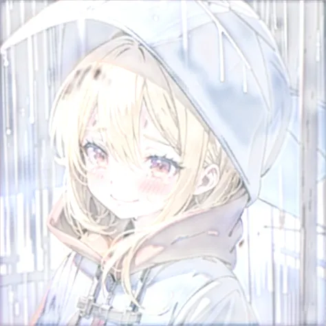 girl, blonde hair, red eyes, rain, looking down, smile, tears, blue raincoat, hood up, town