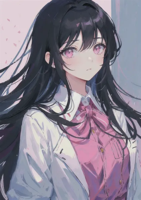 masterpiece, best quality, ultra-detailed, illustration, portrait, 1girl, black_hair, pink eyes,  long hair,  school uniform,