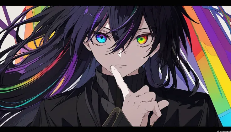 anime, High image quality, delicate details, unbroken face, beautiful face, very good fingerasterpiece), best quality, expressive eyes, perfect face, 1boy, black hair, dark, sickly, low saturation, dark colorful color eyes, dark, rainbow hair, dark rainbow...