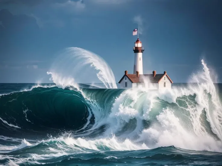 A lighthouse on a steep cliff, waves spraying, the light of the lighthouse illuminating the eerie sea, a rough sea in winter, a boat with a girl on it going up and down on the big waves.