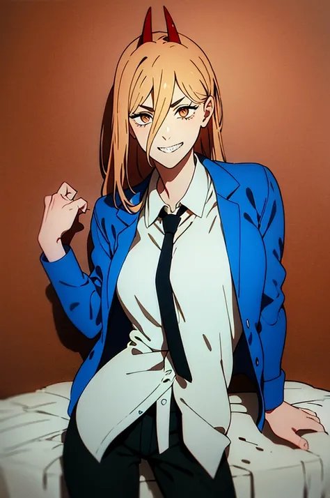 (masterpiece, best quality:1.2), cowboy shot, solo, 1girl, power (csm), sharp teeth, grin, looking at viewer, cross-shaped pupils, blue jacket, collared shirt, black necktie, black pants, tokio background, dinamic poses
