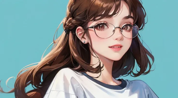 (((1 female)))、(highest resolution、clearly_image) best quality、(((Pop music)))、1980s、((colorful background))、((illuminated))、Glasses、Very detailed、semi-realistic、brown hair、((cosmetics)),braid hairstyle、a smile、Bangs、20 years old、young、((t-shirt))、Exquisit...