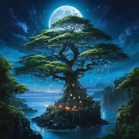 On the shore of a fantasy world, an Elven tree city is near the coast. The city is built within the vast branches of enormous trees, blending harmoniously with nature. The majestic trees reach towards the sky, their branches creating a mesmerizing canopy o...