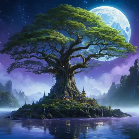 On the shore of a fantasy world, an Elven tree city is near the coast. The city is built within the vast branches of enormous trees, blending harmoniously with nature. The majestic trees reach towards the sky, their branches creating a mesmerizing canopy o...