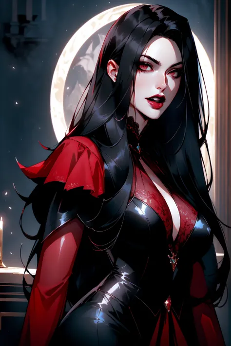 { - anatomy error}(Masterpiece - Ultra-detailed, very high resolution) portrait of vampire queen standing in dark, black hair, long hair,  no pupils, no sclera, red lips, fangs, castle indoors, moonlight, particles , dinamic poses