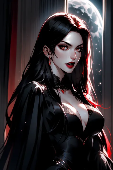 { - anatomy error}(Masterpiece - Ultra-detailed, very high resolution) portrait of vampire queen standing in dark, black hair, long hair,  no pupils, no sclera, red lips, fangs, castle indoors, moonlight, particles , dinamic poses