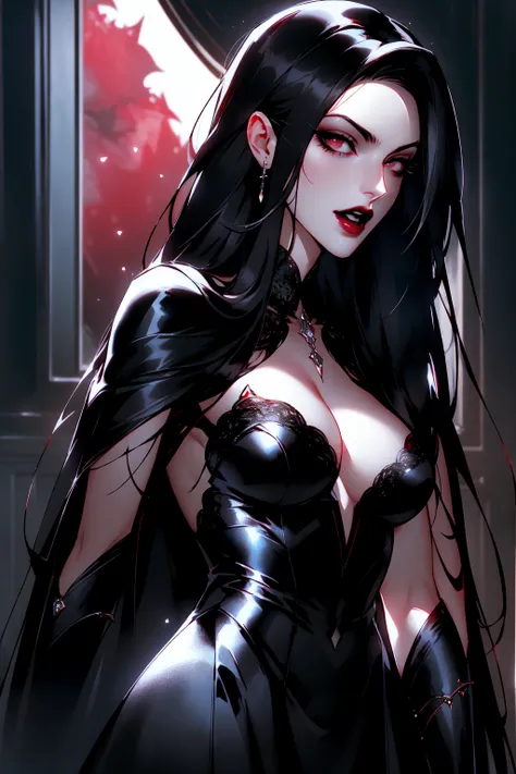 { - anatomy error}(Masterpiece - Ultra-detailed, very high resolution) portrait of vampire queen standing in dark, black hair, long hair,  no pupils, no sclera, red lips, vampire fangs, castle indoors, moonlight, particles , dinamic poses