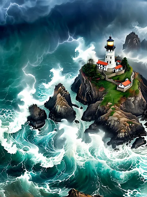 super detailed，chinese ink style，chinese dream landscape，(close up:1.8)，violent storms, (( lighthouse:1.8)), (isolated island)，c...