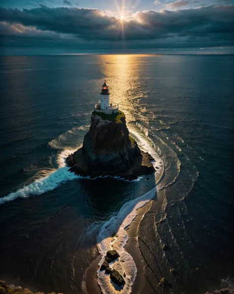 lighthouse,scenic,calm sea,night,star-studded sky,moonlit waves,rocky shore,distant horizon,beacon of hope,dramatic lighting,iso...