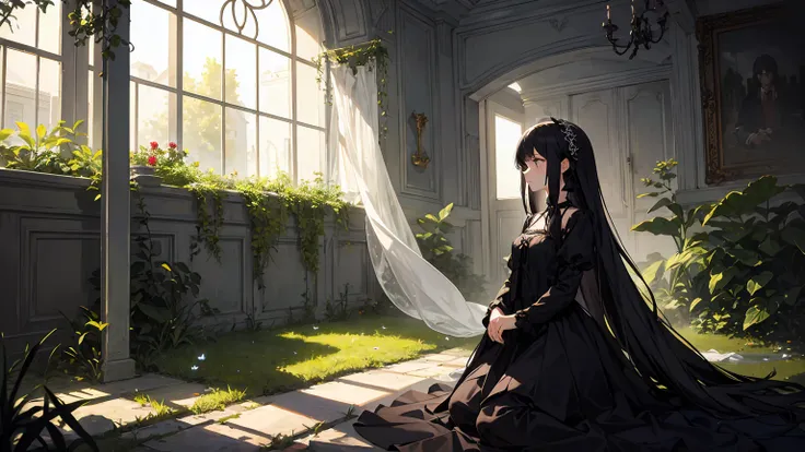 masterpiece, best quality, 1girl, dilapidated mansion, overgrown garden, faded elegance, trapped memories, ghostly whispers, sorrowful past, hidden secrets, mournful shadows, haunting beauty, gothic, anime