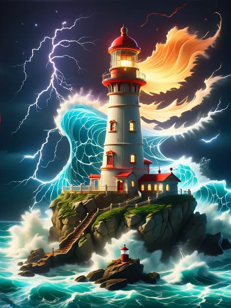 lovely lighthouse made in persian architectural style，dark night，strong wind，rainstorm，lightning，huge waves，cliff，(light on top ...