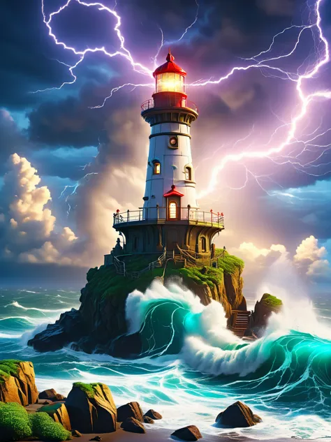 lovely lighthouse made in persian architectural style，dark night，strong wind，rainstorm，lightning，huge waves，cliff，(light on top ...