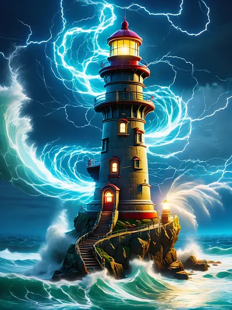 lovely lighthouse made in persian architectural style，dark night，strong wind，rainstorm，lightning，huge waves，cliff，(light on top ...