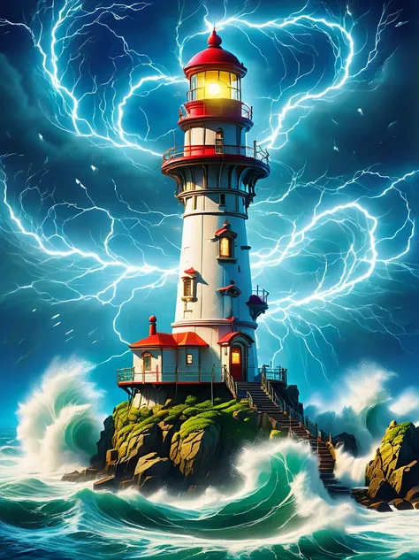 lovely lighthouse made in persian architectural style，dark night，strong wind，rainstorm，lightning，huge waves，cliff，(light on top ...