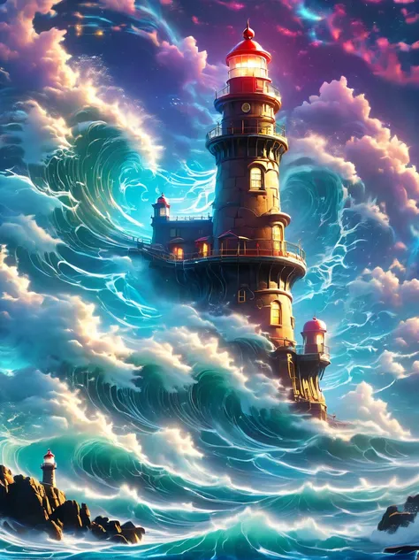 lovely lighthouse made in persian architectural style，dark night，huge waves，cliff，(light on top of lighthouse)，3d style，lbender，...