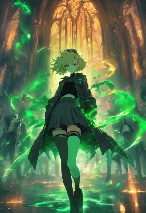 Highest image quality、blonde short hair、death scythe、Lust、twilight、Inside the old castle、woman、Wearing black knee-high socks、emerald green shoes、emerald green clothes、Gray short skirt、