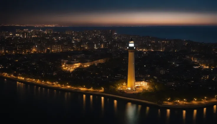 Lighthouse、night、The lights of the University of Tokyo illuminate the distance in two directions.、the sea is a little rough