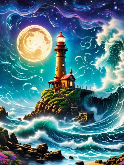 lovely lighthouse made in persian architectural style，dark night，huge waves，cliff，(light on top of lighthouse)，3d style，lbender，...