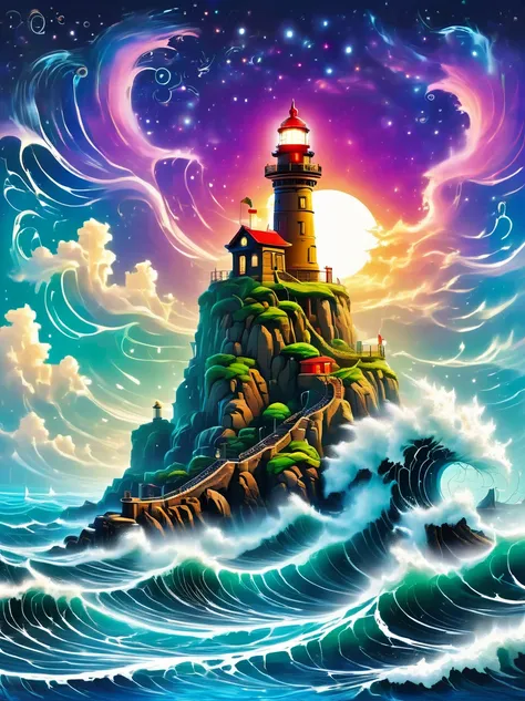 lovely lighthouse made in persian architectural style，dark night，huge waves，cliff，(light on top of lighthouse)，3d style，lbender，...