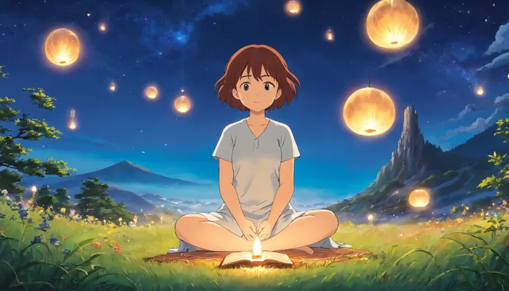 ベットでmeditationをしている女の子、窓の外は綺麗なnight空,candle、starry sky、night、meditation、meditationポーズ、universe、cosmos、shooting star