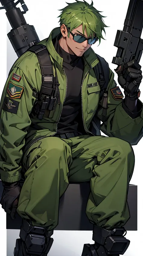 1 person, Tactical Jacket, tactical clothing, green hair, smile, anime, cyber punk, machine gun, Glasses, male, Fight, Assault Rifle QBZ, Tactical gear, sitting, Rifle in hand, (A soldier takes aim at a giant military robot with a large rifle.), skin fang,...