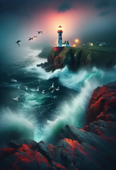 best quality,highres,(realistic:1.37),lighthouse,coastal scenery,ocean waves,shining beacon,navigational aid,rocky cliffs,seagulls,fishing boats,sunset colors,dramatic lighting,vibrant colors,reflection in the water,foggy atmosphere,serene and peaceful set...