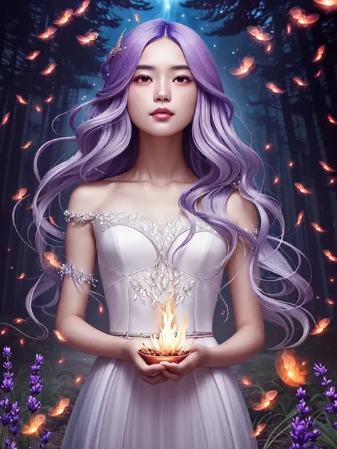 young girl with flowing lavender hair, wearing a celestial-themed gown, surrounded by glowing fireflies in a mystical forest set...