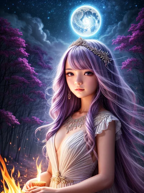 Young girl with flowing lavender hair, wearing a celestial-themed gown, surrounded by glowing fireflies in a mystical forest setting. Cinematic lighting, high detail, fantasy style, 4k resolution. Artistic masterpiece by Audrey Kawasaki and Tran Nguyen, in...