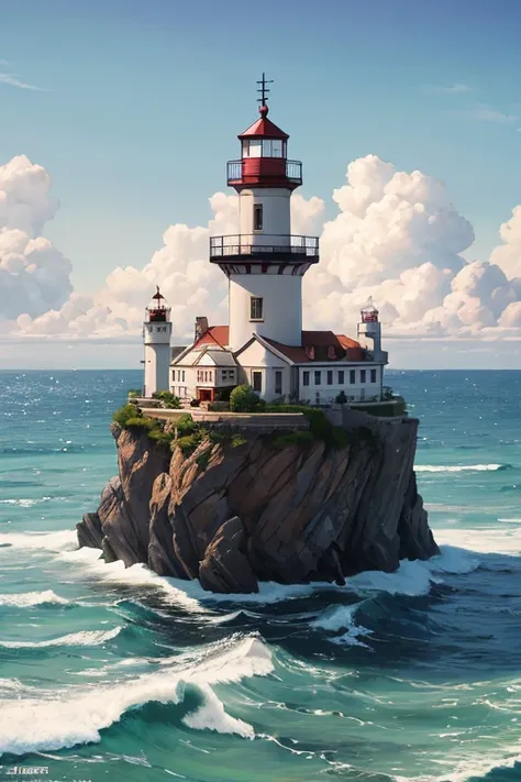 ((highest quality)), ((masterpiece)), (be familiar with), perfect face, ((masterpiece, best quality)), lighthouse, seashore, twilight, guiding light, waves, serene