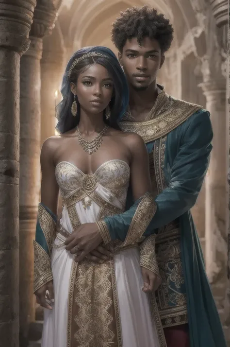 royal couple, inlove, a prince and a princesse, darkskin, coloured hair, coloured eyes, young, very beautiful, coverbook fantasy romance, african kingdom, celest kingdom, realistic, insanely realistic, coverbook, 8K, realistic.HD, 4K, HD, De vrais visages,...