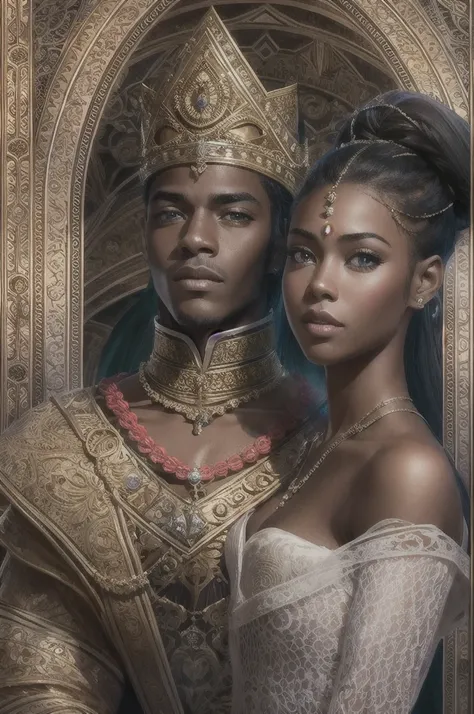 royal couple, inlove, a prince and a princesse, darkskin, coloured hair, coloured eyes, young, very beautiful, coverbook fantasy romance, african kingdom, celest kingdom, realistic, insanely realistic, coverbook, 8K, realistic.HD, 4K, HD, De vrais visages,...