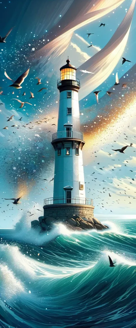 a painting of a lighthouse on a rocky shore with birds flying around,Lighthouse radiates light from the sea. beautiful painting of a tall, lighthouse, lighthouse, amazing wallpapers, Inspired by Cyril Rolando, Beautiful digital art work, A beautiful artist...