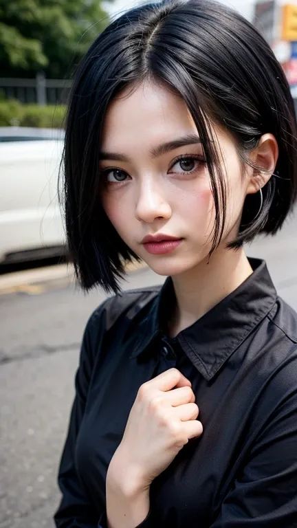 close up of a beautiful girl wear shirt, black bright blue hair, cute face