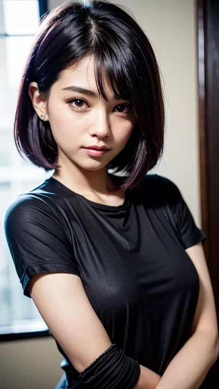 close up of a beautiful girl wear shirt, short bob black and purple hair, exotic arabian cute face