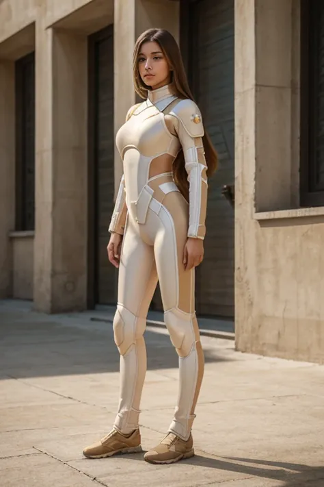 Best quality, 8k, pastel colors, woman,long hair, looking to observer,imperial soldier warrior,beige hi-tech armor over brown sheer nylon catsuit, static pose, white scenario