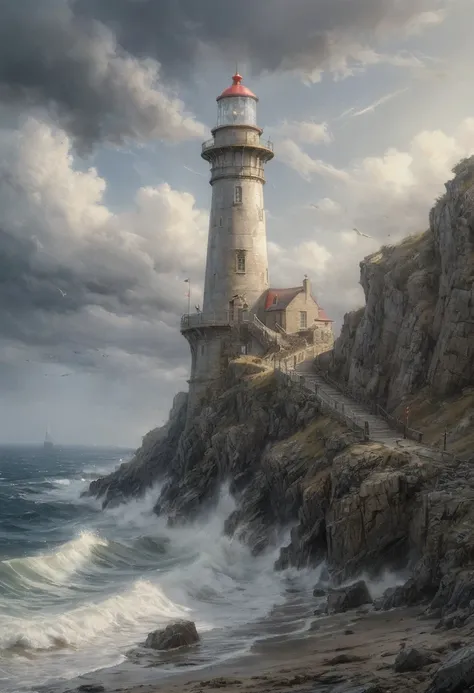 Lighthouse, by Alan_Lee, best quality, masterpiece, 8k, Representative work, official art, Professional, Ultra intricate detailed