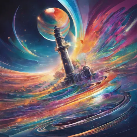 best quality, incredibly absurdres, extremely detailed, planet is topped by a lighthouse the same size as the planet, a rainbow-colored laser beam is emitted from the lighthouse, a mixture of motion blur, action lines, speed lines, and various art., backgr...