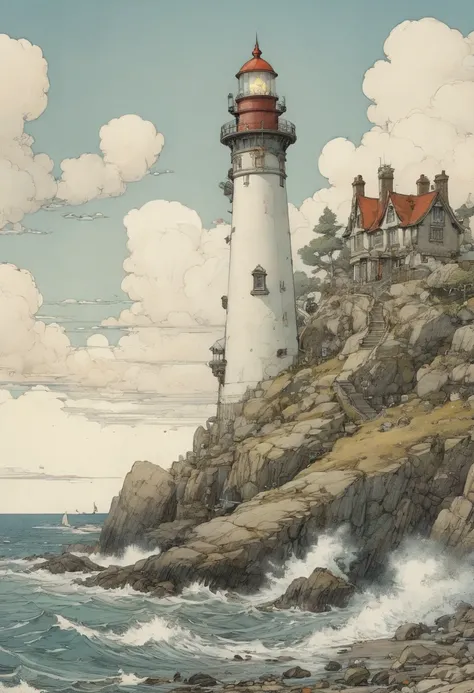 Lighthouse, by W. Heath Robinson, best quality, masterpiece, 8k, Representative work, official art, Professional, Ultra intricate detailed