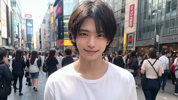 highest quality, super detailed, High resolution, 8K, Handsome 20 year old boy,detailed and beautiful eyes,black hair ,smile,white t-shirt,denim pants,Location Shibuya