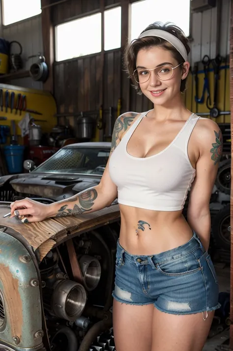 19yo woman, very short hair, hourglass figure, athletic build, smile, cleavage, (full arm tattoo:1.2), white tight tank top, short denim shorts, goggles on her head, mechanic, (bent over), (working on a car engine:1.3), (wrenches), (tools), (dirty), (greas...