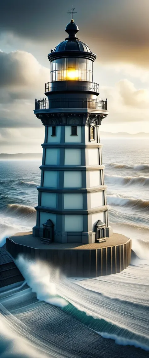 Detailed and complex Lighthouse/lighthouse/lighthouse,embankment.wave-dissipating mass. Ray tracing, Vignetting, Wide-angle lens, super wide angle, best qualitycinematic lighting, depth of field, outside border, negative space, l,(best quality,4k,8k,high r...